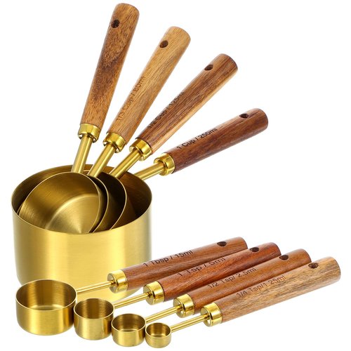 8 Piece Premium Stainless Steel Measuring Cups with Wood Handles, Gold Measuring Cups and Spoons Set,4 Stackable Wooden Measuring Cups and 4 Measuring Spoons Set for Baking Supplies in the Kitchen