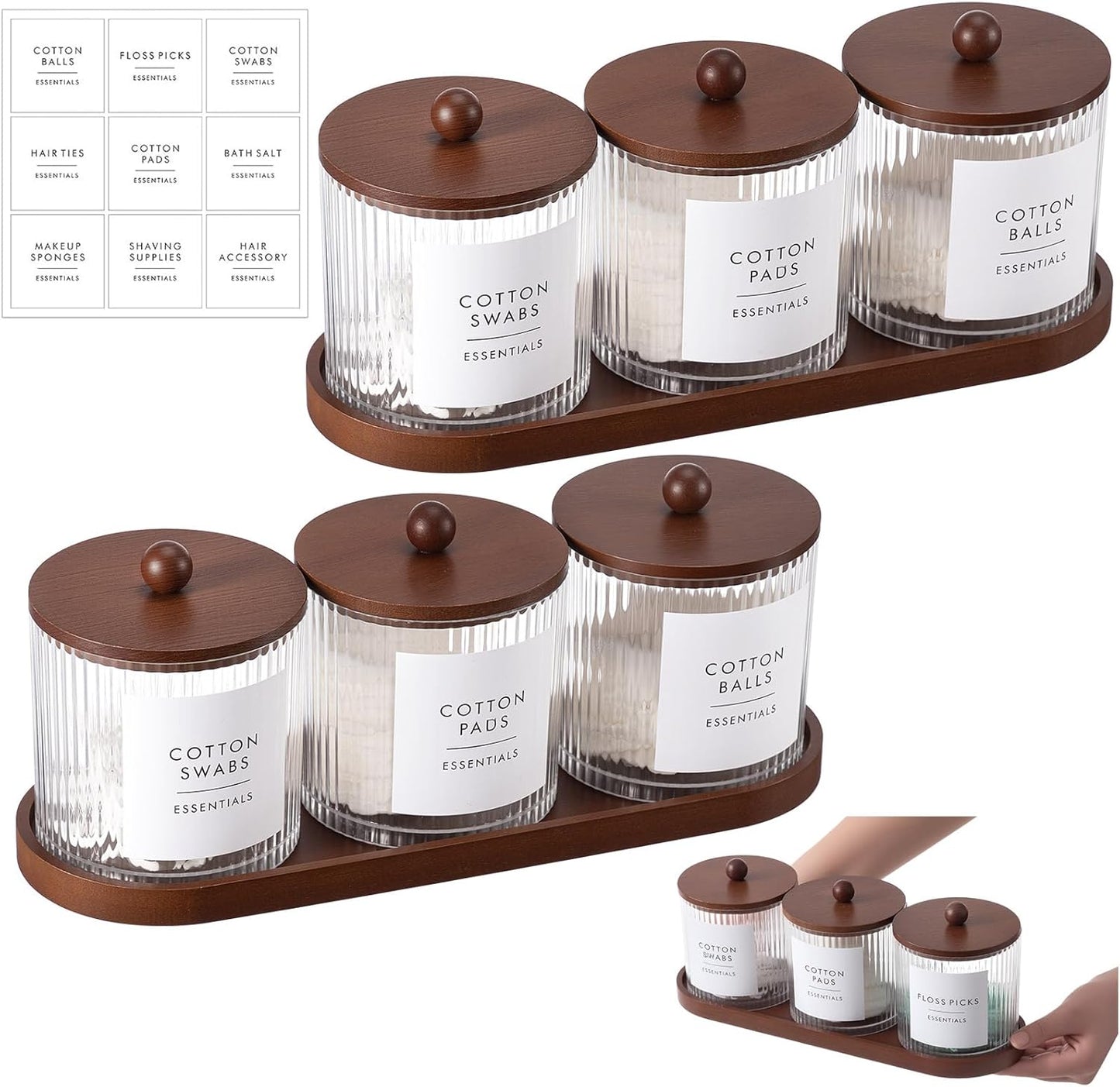 Vesici Bathroom Canisters Set - 6 Ribbed Apothecary Jars with Bamboo Lids & Trays | 18 oz Brown Storage Solution