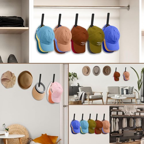 Kssvzz Metal Hat Racks - 5 Pack Heavy-Duty Wall Holder for Baseball Caps | Strong Adhesive, Black