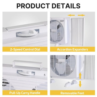 Shop-Air 9" Twin Window Fan with Manually Reversible Airflow – 2-Speed Settings, High Airflow 300 CFM, Quiet Cooling, Adjustable Accordion Expanders, Ideal for Home & Office