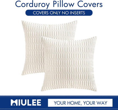 MIULEE Corduroy Throw Pillow Covers - Soft Boho Striped Design | 18x18 Inch Pure White for Modern Home Decor