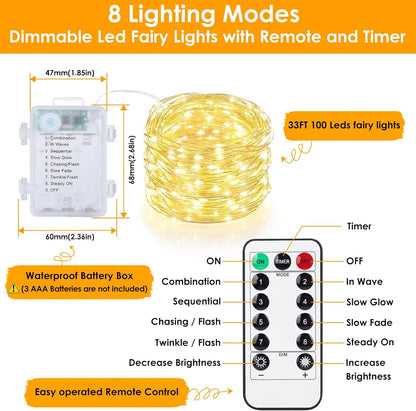 Mlambert 33FT Battery Operated Fairy Lights - Waterproof, Dimmable 100 LEDs with Remote & Timer
