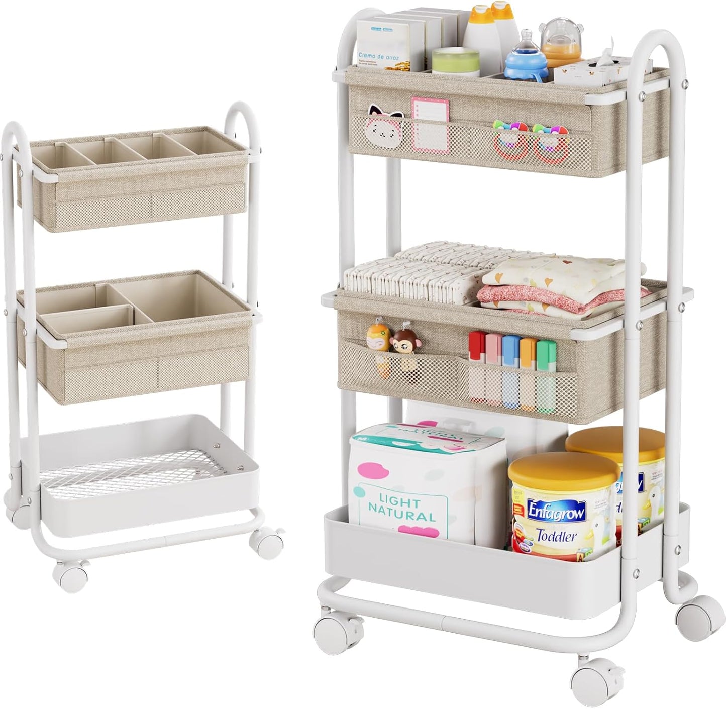 Modanais Baby Diaper Caddy Organizer Cart - 3-Tier Rolling Storage with Detachable Dividers | Off White