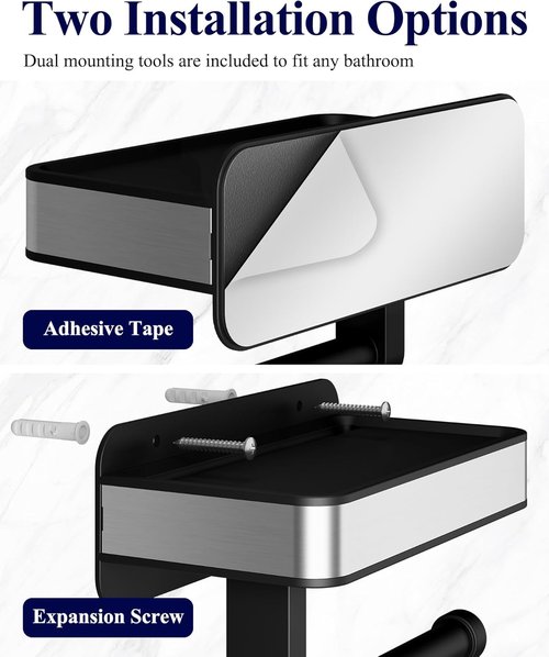 Kitsure Toilet Paper Holder - Matte Black Adhesive & Screw Wall Mount with Shelf | Space-Saving Design, 7.1" W