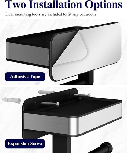 Kitsure Toilet Paper Holder - Matte Black Adhesive & Screw Wall Mount with Shelf | Space-Saving Design, 7.1" W