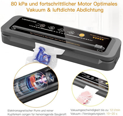 MegaWise Food Vacuum Sealer Machine - High-Power 80kPa Suction, One-Touch Operation, Built-in Cutter | Black, Includes Bags & Hose, Keeps Food Fresh 5x Longer