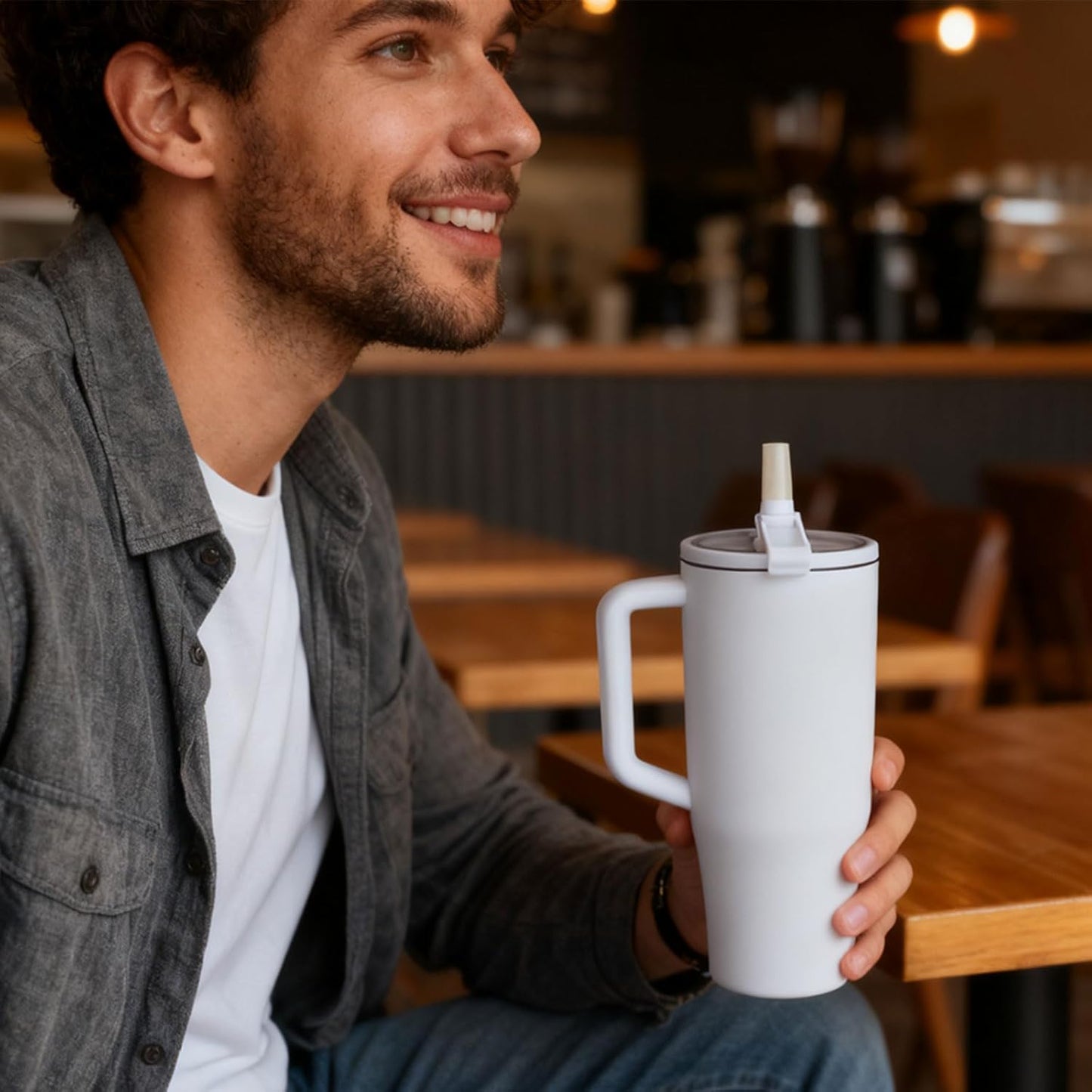 Skiennix 40 oz Water Bottle - Leak Resistant Insulated Tumbler with Handle | White, Cup Holder Compatible