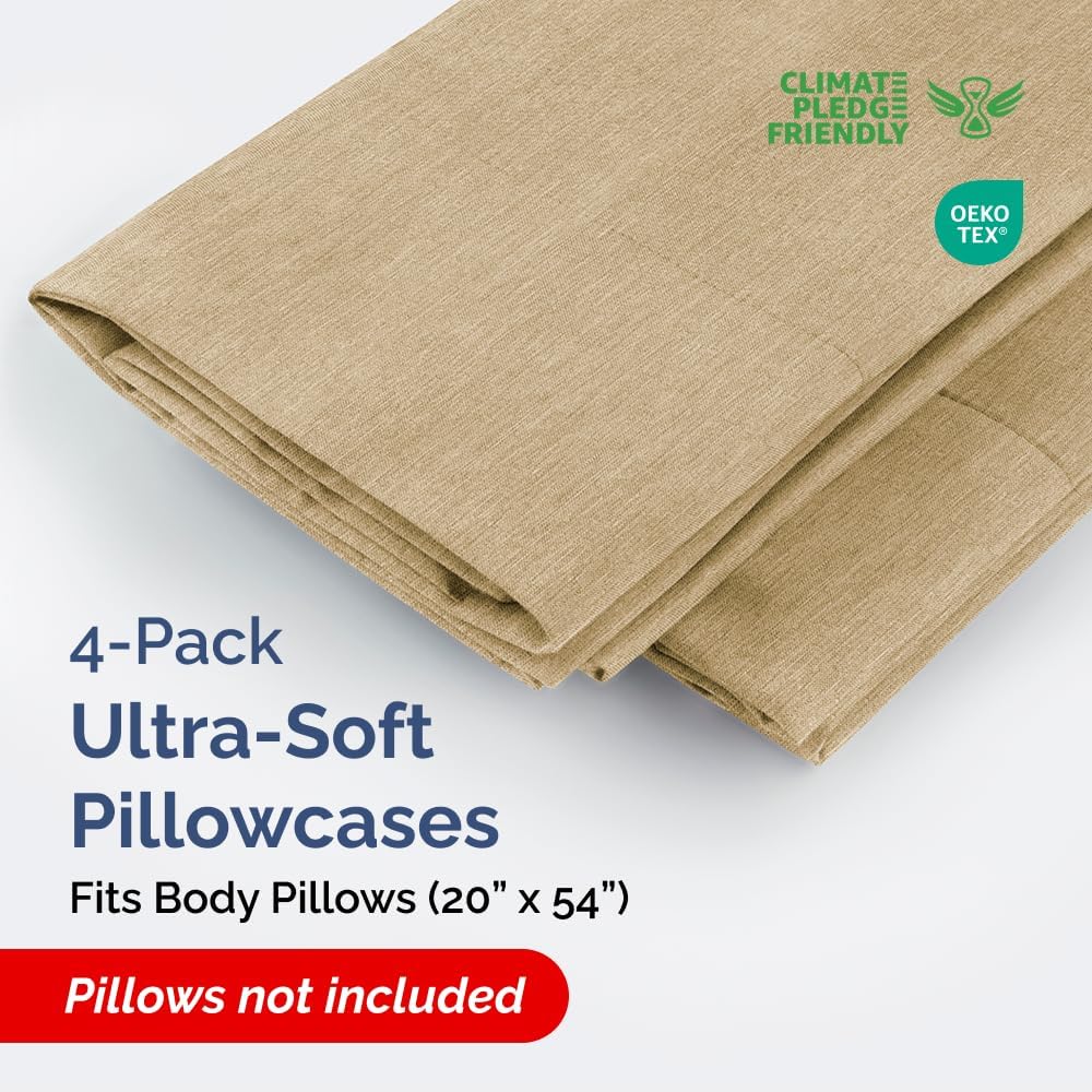 Skiennix Body Pillowcases Set of 4 | Soft, Breathable 20x54 Pillow Covers for Side Sleepers - Machine Washable, Fade-Free (Heathered Tan)