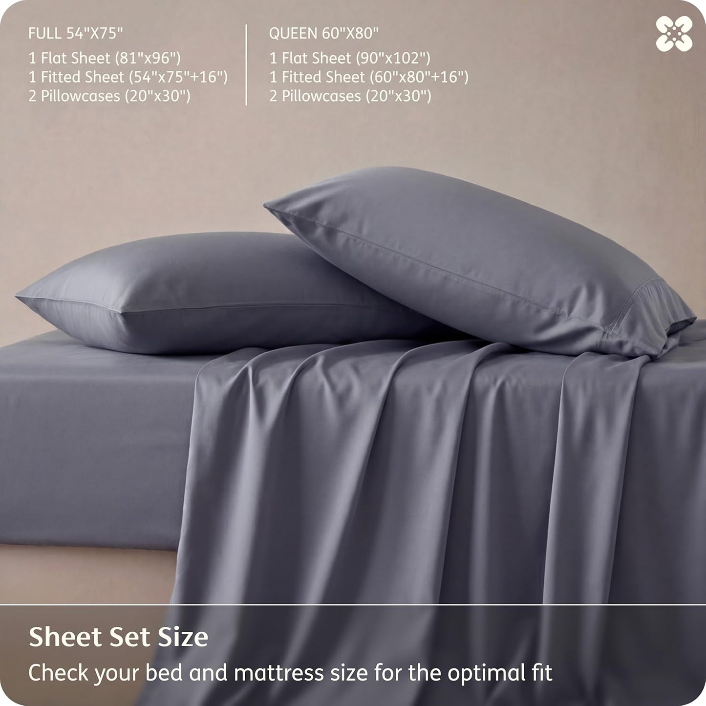 Bedsure Queen Sheet Set - Cooling Bamboo Rayon Sheets | Breathable, Soft & Deep Pocket Up to 16" - Dark Grey