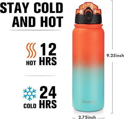 Oldley Insulated Water Bottle - 20oz Stainless Steel with Straw & 3 Lids | Leak-Proof Ombre Orange-Green