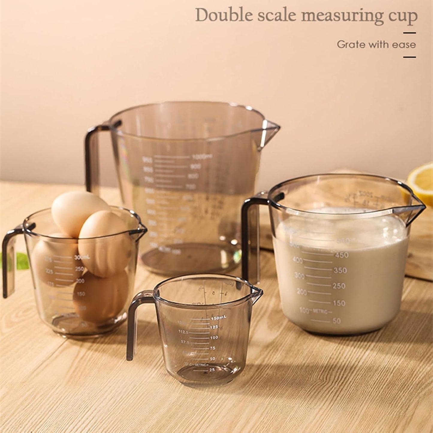 Skiennix 4-Cup Measuring Cups Set - BPA-Free Plastic with Nozzle Handle | 150/300/600/1000ML Sizes (Black)