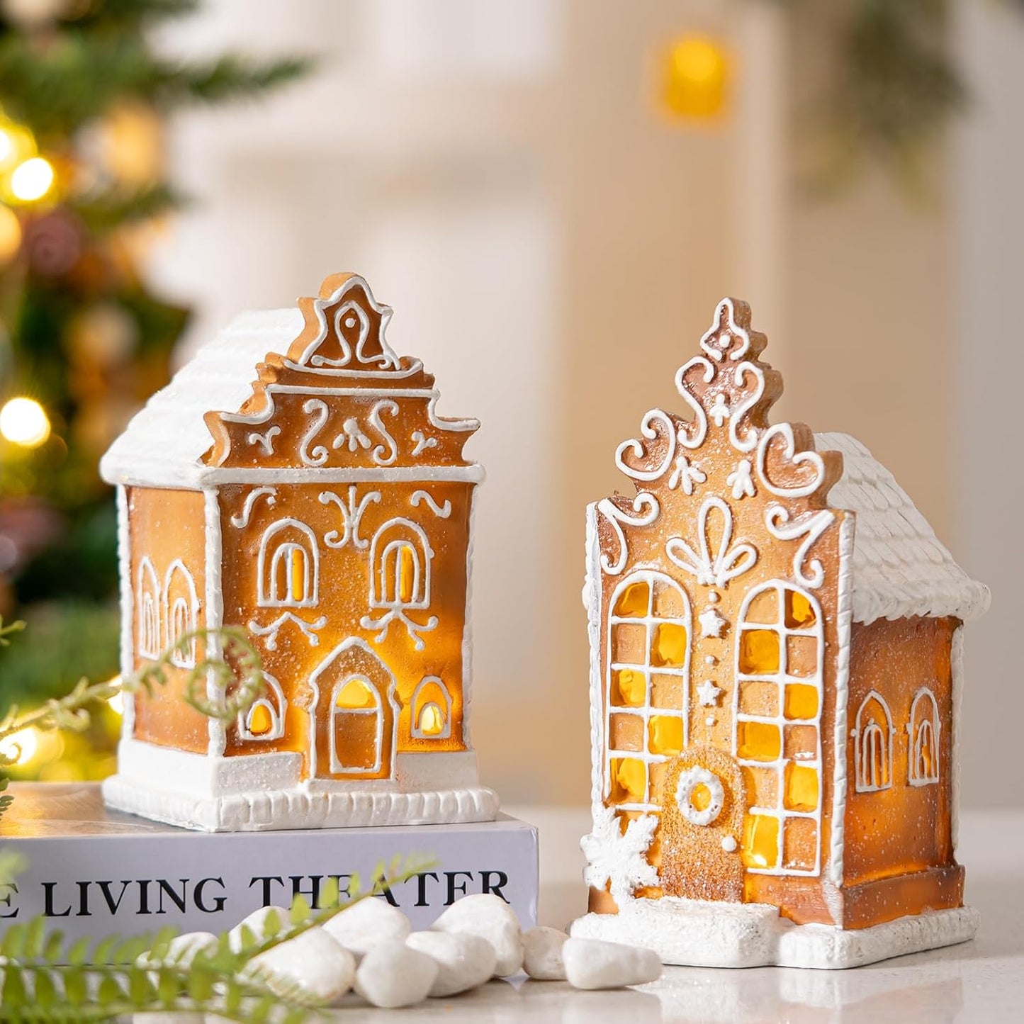 Skiennix Christmas Gingerbread Village House Figurines - Pre-Lit LED Table Decorations | 2-Piece Set