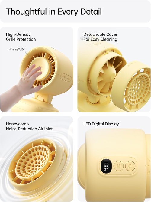 JISULIFE Stroller Fan - Compact & Stylish 38H Cooling with Soft Night Light | Detachable for Stroller, Desk, or Nursery (Yellow)
