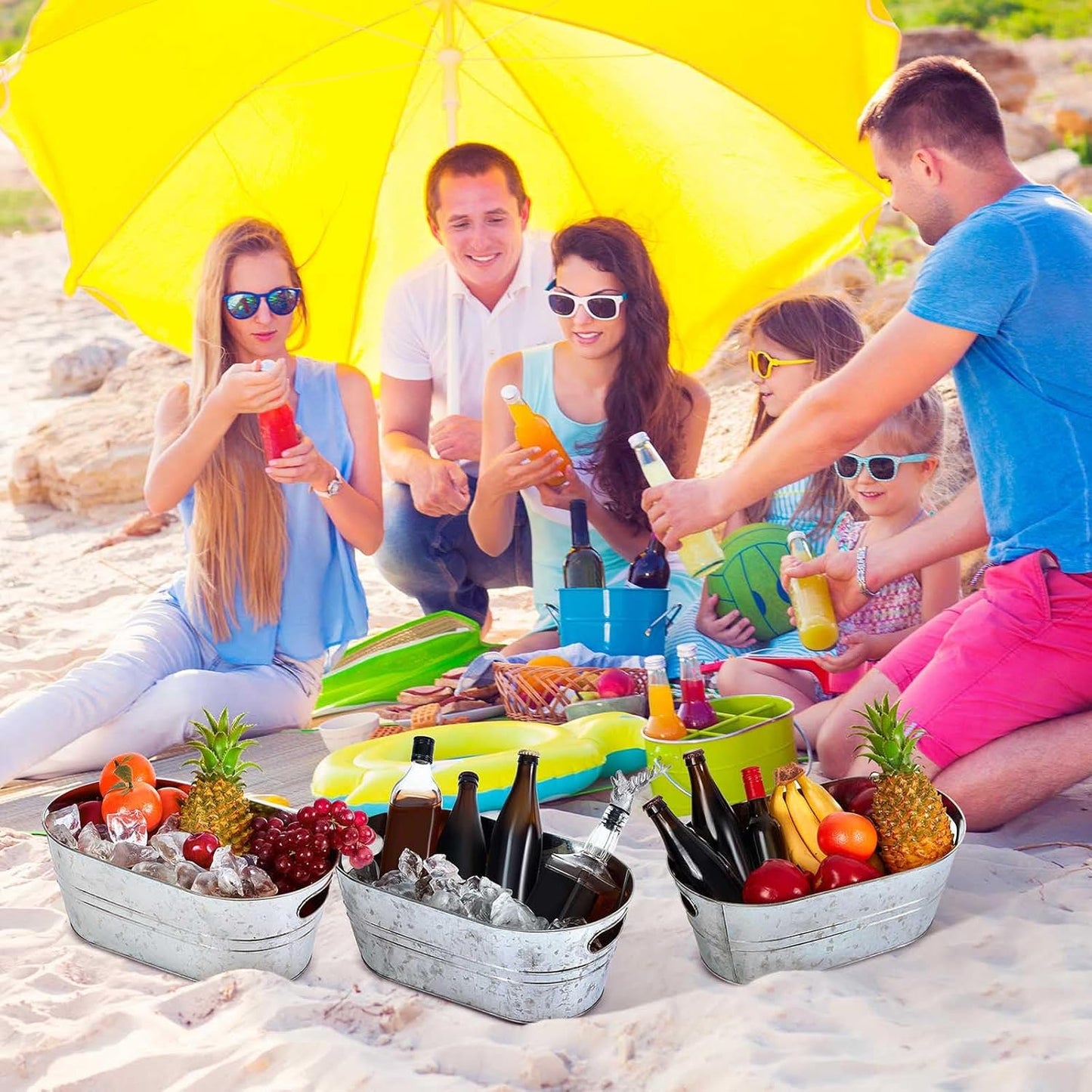 Tessco 4 Pcs 4 Gallon Galvanized Metal Tubs Large Ice Buckets for Parties Beverage Drink Tin Bins Champagne Cocktail Wine Cooler for Summer Mimosa Bar Supplies (Classic,Silver)