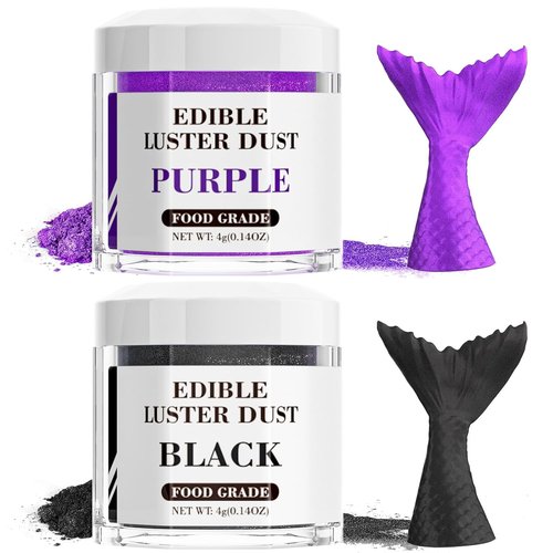Cherrysea Luster Dust Edible Set - Food Grade Shimmer Powder for Cakes & Cocktails - 4g Bottles (Black & Purple)