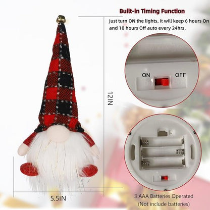 Juegoal Lighted Christmas Gnomes - 12 Inch Handmade Plush Tomte with Buffalo Plaid Hat | Battery Operated Holiday Decor