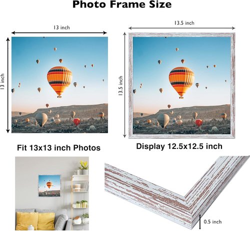 JCJMY 13x13 Rustic White Picture Frame - Versatile Wall Mounting, Shatter Resistant Plexiglass