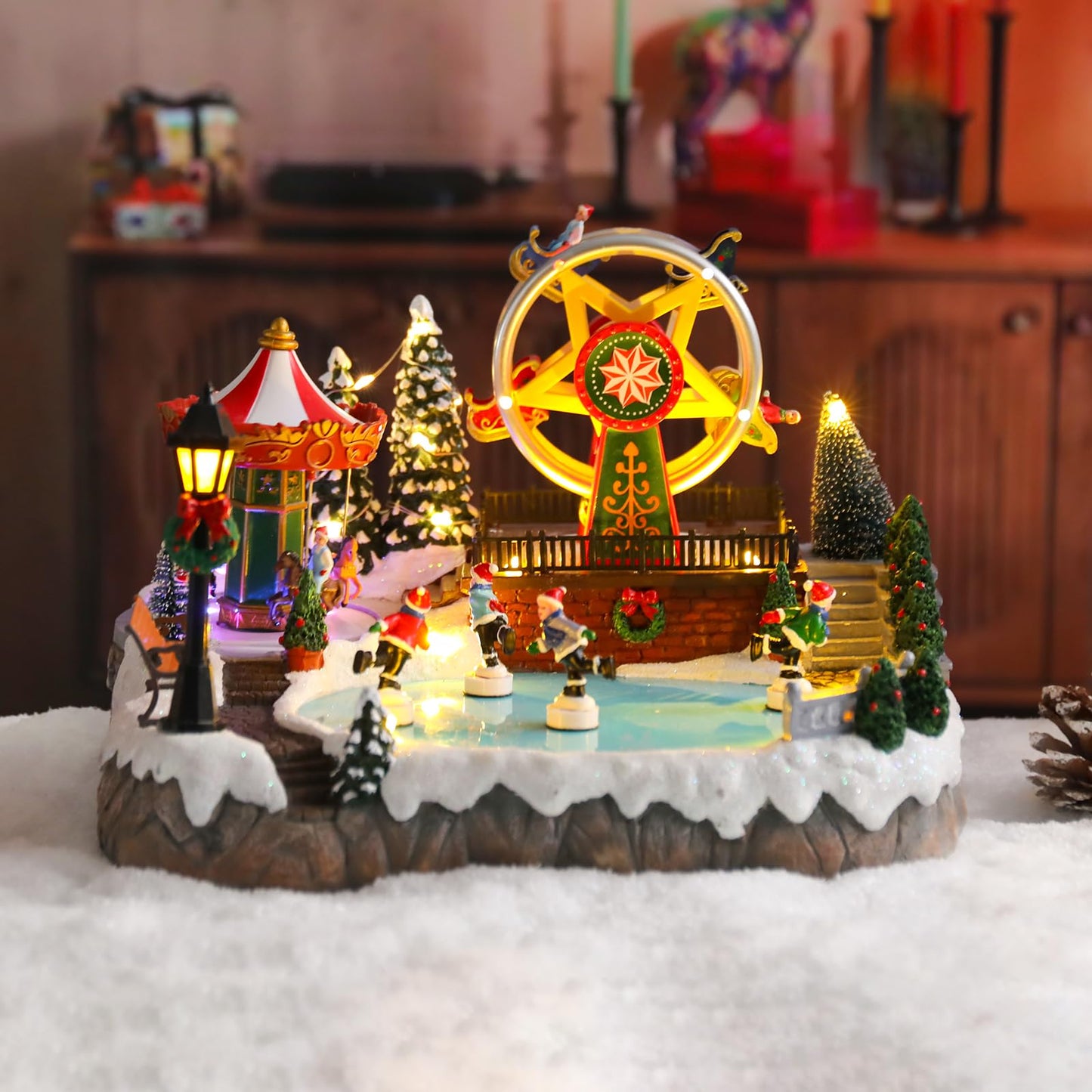 Christmas Village House Musical Christmas Collectible Buildings Amusement Park Carousel Skating Ferris Wheel with LED Lights Christmas Vacation Village with USB Indoor Figurines Decoration