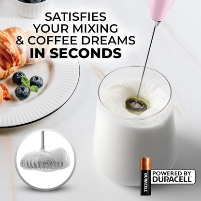 Zulay Kitchen Milk Frother Handheld Electric Whisk with AA Duracell Batteries – Durable Drink Mixer for Coffee, Lattes, Cappuccinos & More - Pink