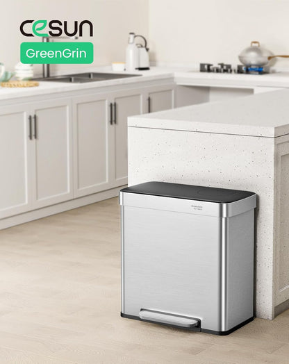 Cesun GreenGrin Dual Compartment Kitchen Trash Can - 2x8 Gallon Stainless Steel Garbage Bin with Lid & Recycling Flap | 30L Each
