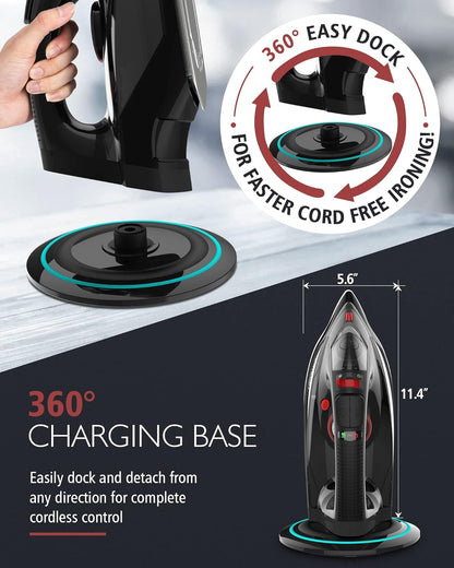OMAIGA Cordless Steam Iron - 1500W Non-Stick Ceramic Soleplate, Auto Shut Off, 3 Temp Settings, Black