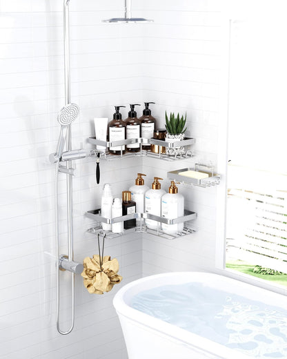 Sakugi Corner Shower Caddy - Rustproof 3-Pack Organizer with Soap Holder & Hooks | Large Silver Shelves