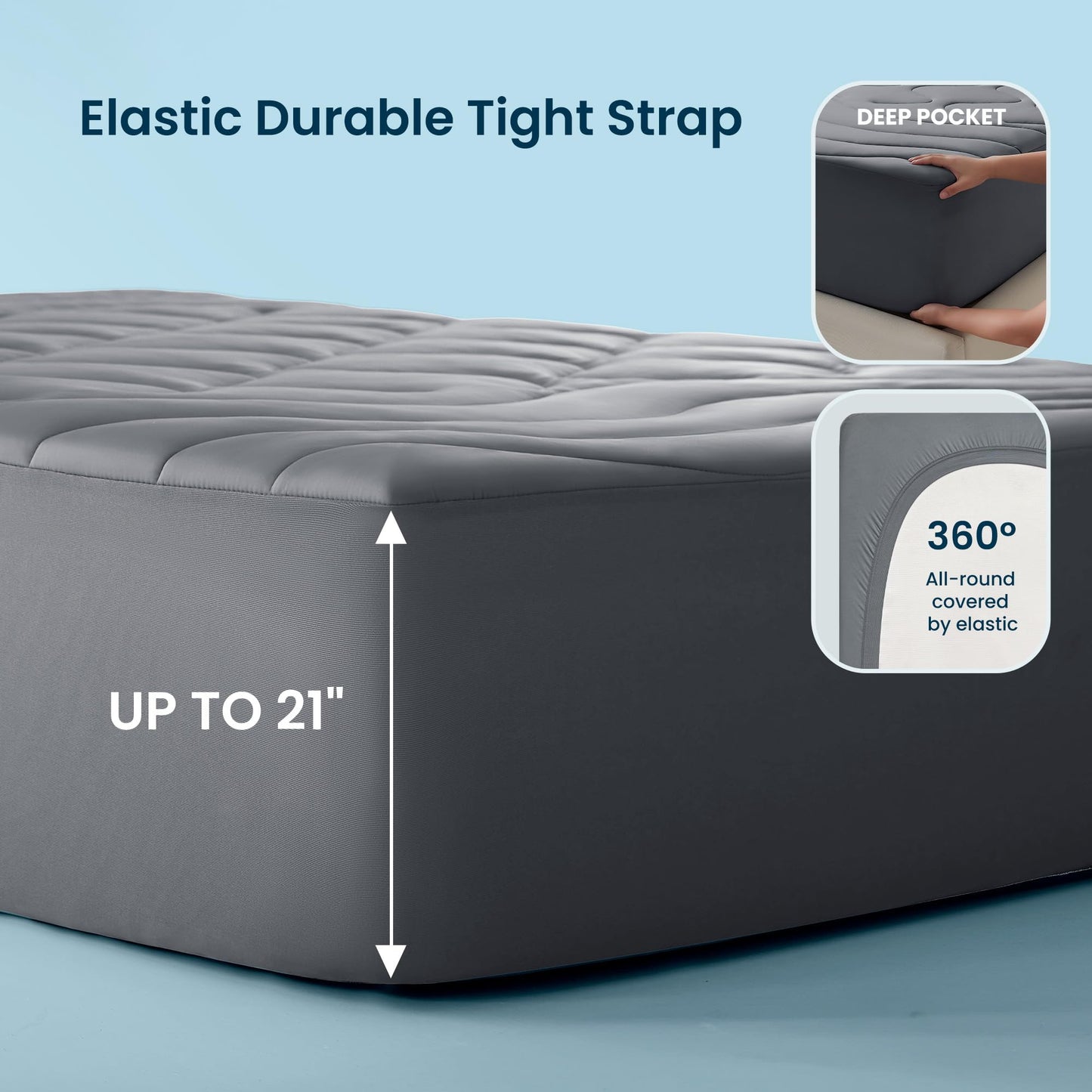 Sleep Zone Cooling Mattress Pad Full, Support Mattress Topper, Breathable and Soft Mattress Protector, Deep Pocket Bed Cover, Machine Washable (Dark Grey, Full)