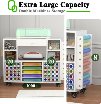 Skiennix Craft Organization Cart - Rolling Storage Solution with Large Drawer & 48 Vinyl Roll Holder | Ideal for Cricut Machines