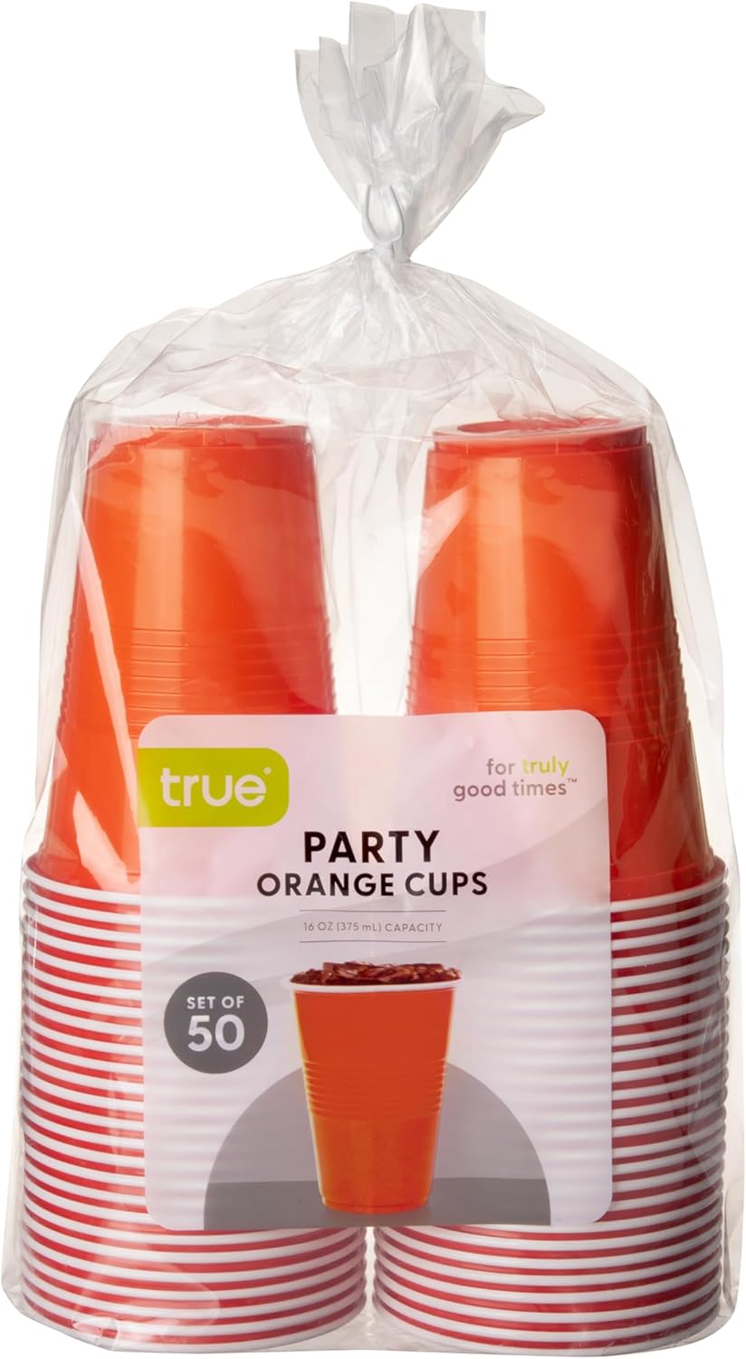 True Plastic Cups - 16 oz Disposable Cocktail & Soda Cups | Set of 50 in Vibrant Orange for Parties & Events