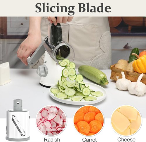 Cambom 5-in-1 Rotary Cheese Grater - Hand Crank Shredder with Non-Slip Base & Five Blades - White