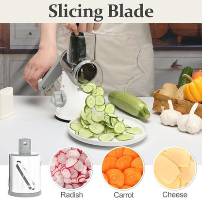 Cambom 5-in-1 Rotary Cheese Grater - Hand Crank Shredder with Non-Slip Base & Five Blades - White