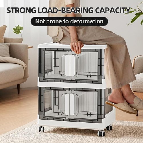 Folding Storage Organizer - Heavy-Duty Plastic Bin with Silent Casters | Stackable Design, 3 Sizes (19.5/23.5/27.5in), Black/White