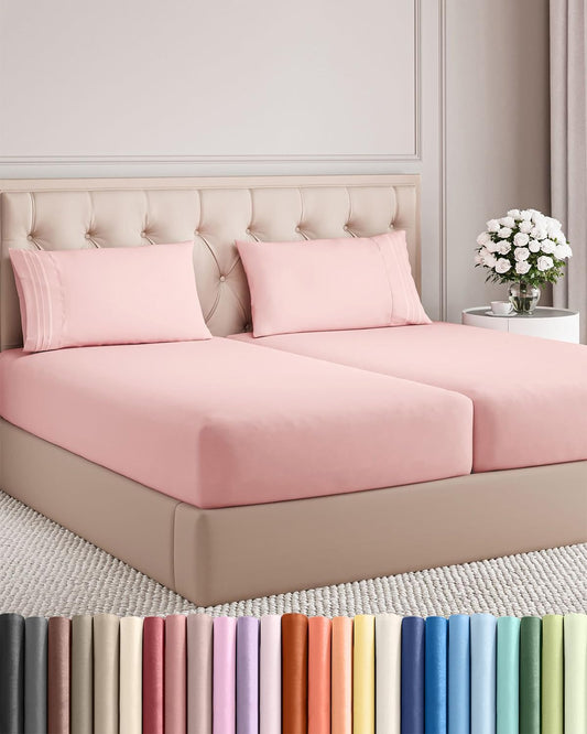 Split King Size 5-Piece Sheet Set | Comfy Cooling Bed Sheets - Luxury Hotel Quality - Deep Pockets, Soft, Wrinkle-Free - Oeko-Tex Certified - Baby Pink