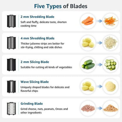 5-In-1 Electric Cheese Grater, Salad Shooter with 5 Different Shapes of Blades, 250W Automatic Cheese Shredder, Rotary Switch Kitchen Electric Slicer for Cheese, Fruits, Vegetables