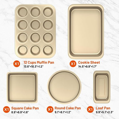 CasaCulina Nonstick Baking Pans Set - 5-Piece Bakeware with Round/Square Cake Pan & Muffin Tray | Gold