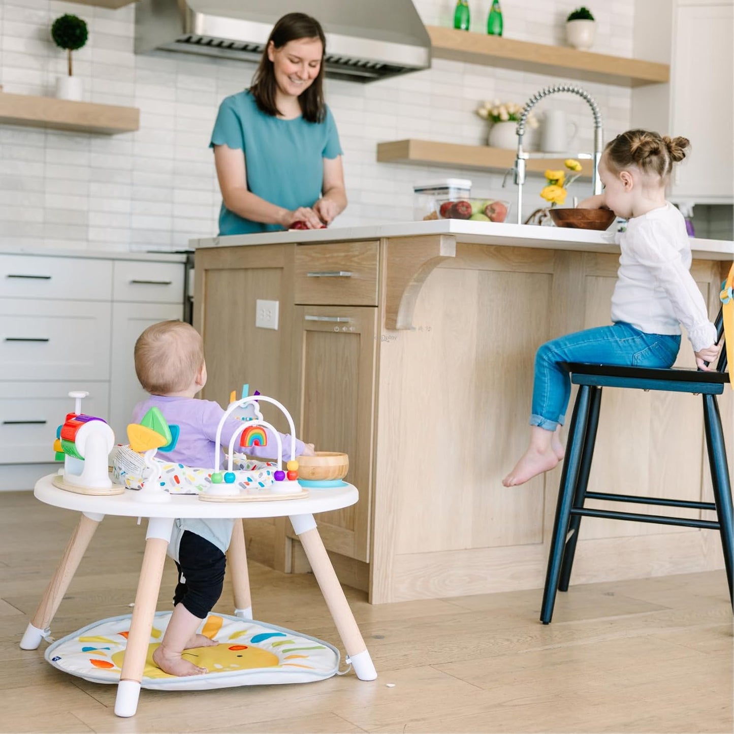 Move2Play 4-in-1 Baby Activity Center - Montessori Design with 8 Interactive Toys | Tummy Time, Exersaucer & Toddler Table | Perfect Gift for 3-12 Months (Sun)