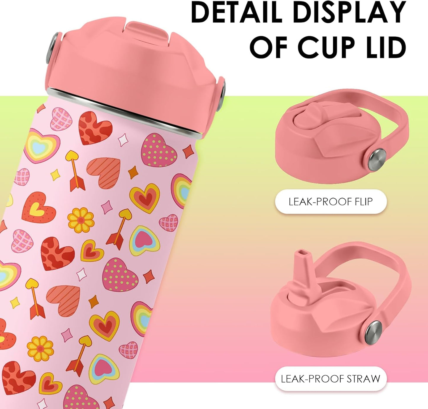 Skiennix Heart Pattern Kids Water Bottle - 16 Oz Stainless Steel Insulated Tumbler, Leak Proof, BPA-Free, Ideal for School & Travel