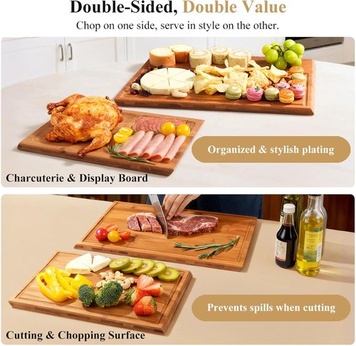 Bamboo Cutting Board Set - 2PCS Double-Sided Chopping Boards with Juice Grooves & Side Handle | Ideal for Meal Prep & Serving