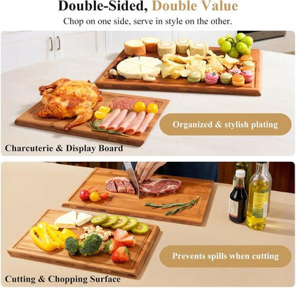 Bamboo Cutting Board Set - 2PCS Double-Sided Chopping Boards with Juice Grooves & Side Handle | Ideal for Meal Prep & Serving