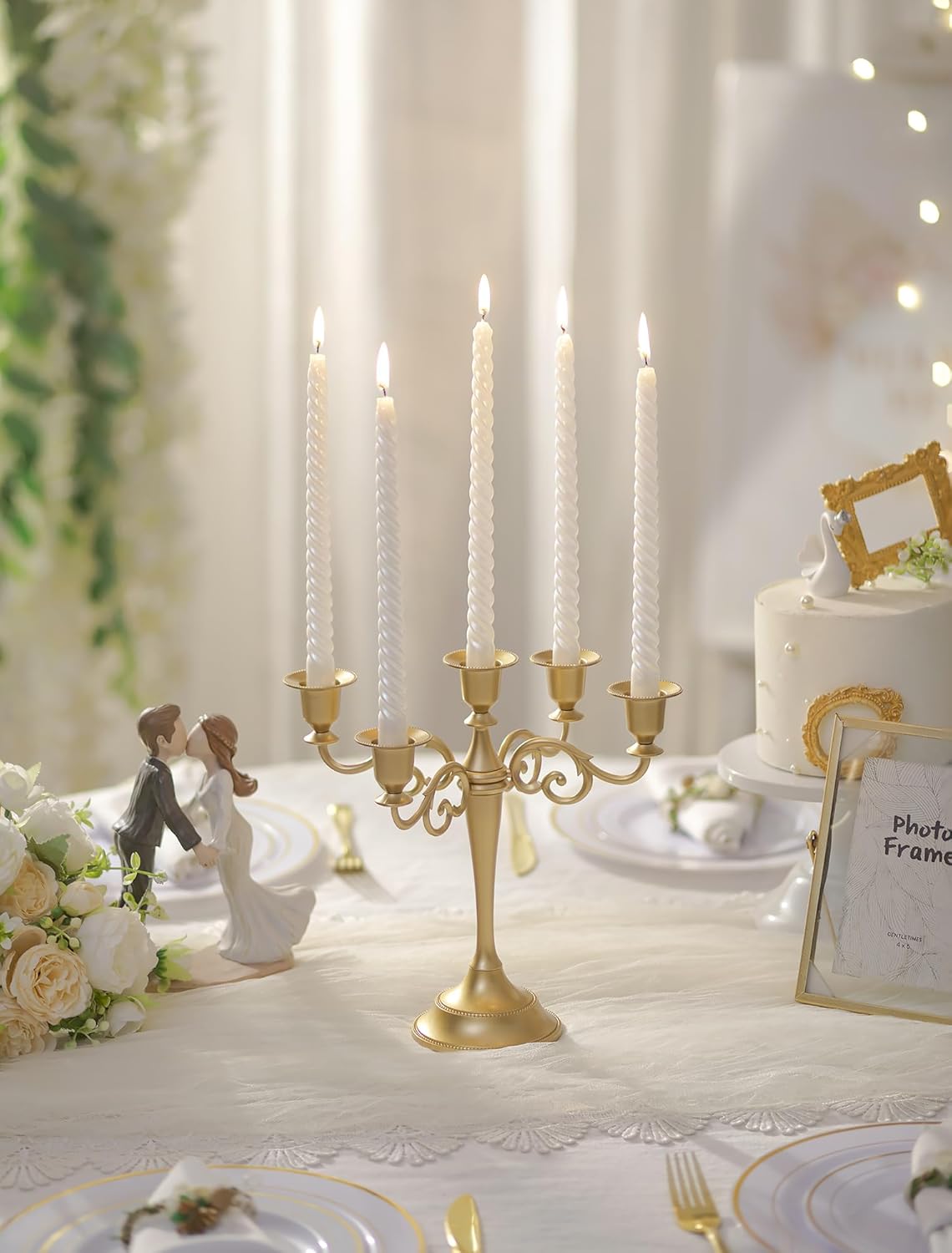 Sziqiqi Gold Candelabra | Elegant 10-Inch Centerpiece Candle Holder for Taper Candlesticks - 5 Arms Metal Design for Weddings & Dining Tables