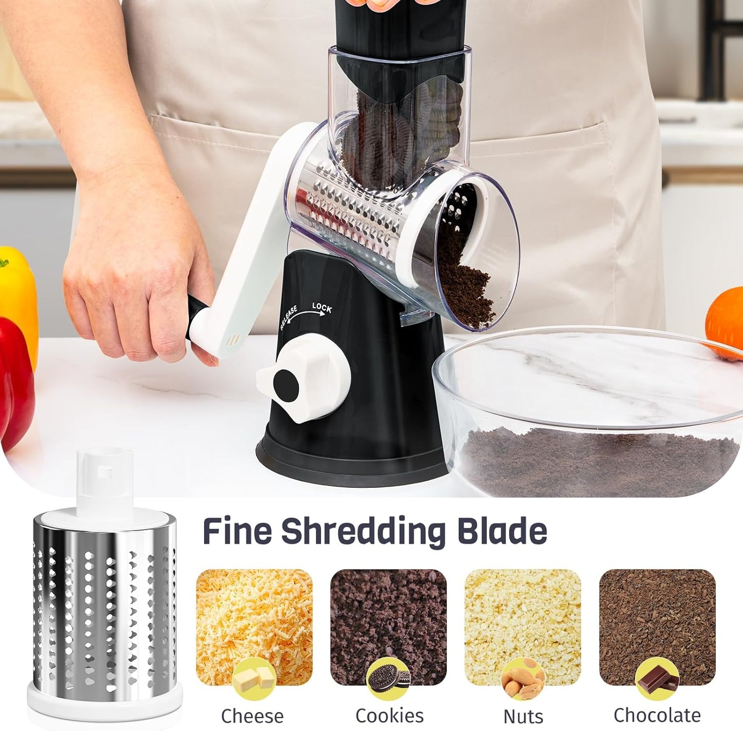 Rotary Cheese Grater - Hand Crank with 3 Interchangeable Blades | Strong Suction Base & No-Cut-Hands Design - Black