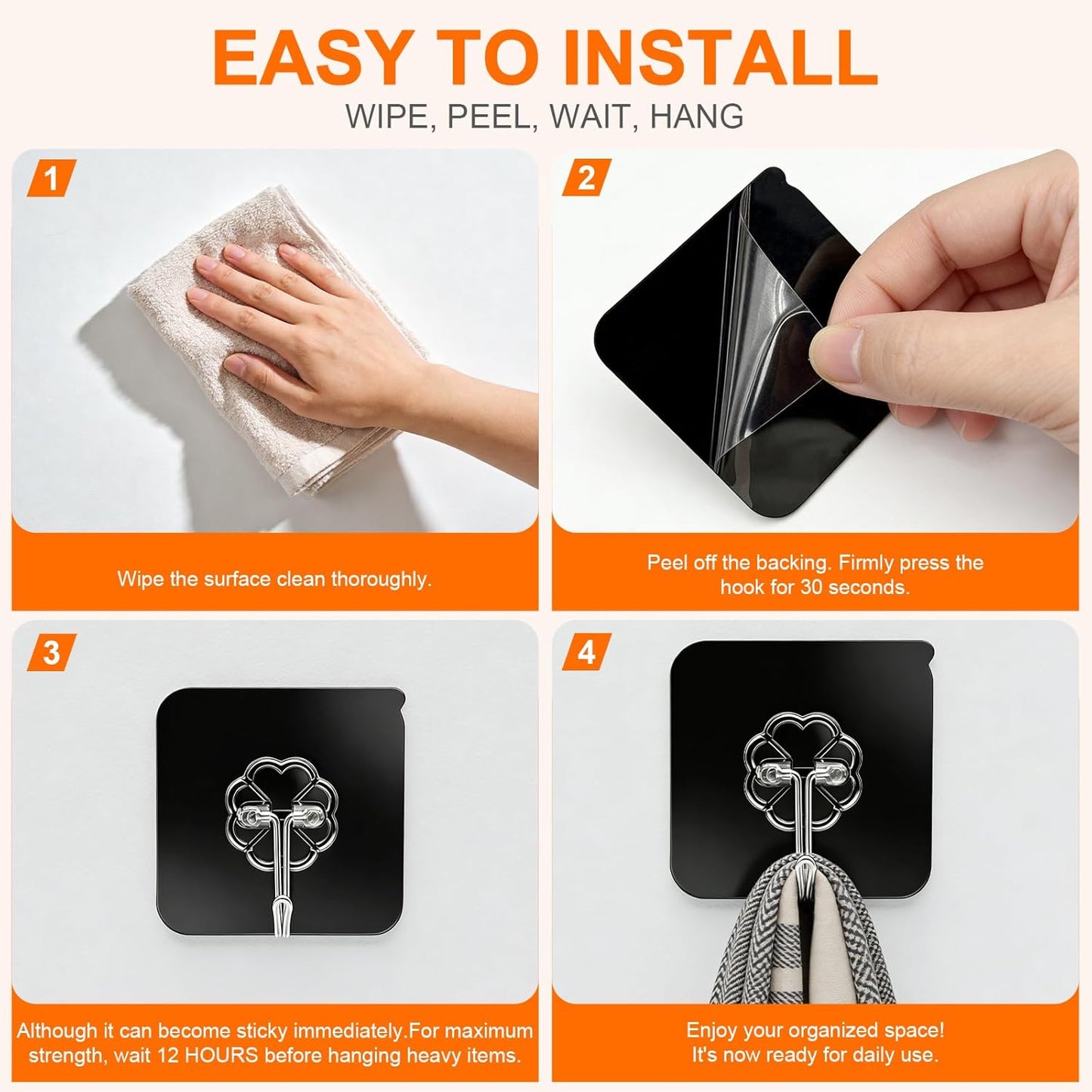 DDMY Heavy Duty Adhesive Hooks - 50lb Max Capacity, Waterproof & Reusable Black Wall Hooks | 8 Pack for Bathroom & Kitchen