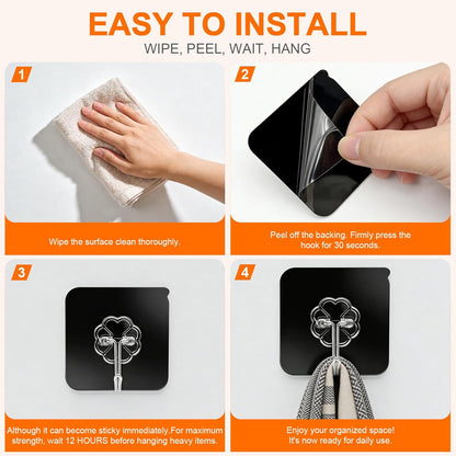 DDMY Heavy Duty Adhesive Hooks - 50lb Max Capacity, Waterproof & Reusable Black Wall Hooks | 8 Pack for Bathroom & Kitchen