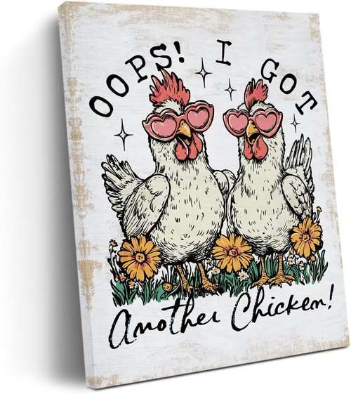 Funny Farm Animal | Chicken Decor Canvas Wall Art - Cute Floral Hen Framed Print for Home & Kitchen, 11.4x15 IN