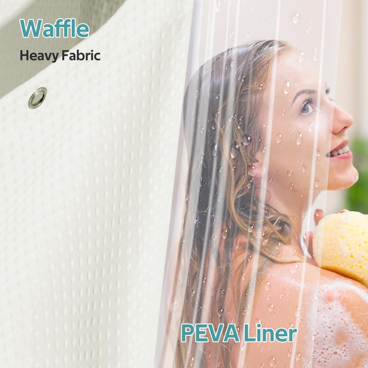 Vipfree 3 in 1 Shower Curtain Set, Waffle Shower Curtain and Liner Set with 12 Double Sided Shower Curtain Hooks, 258GSM Luxury Weighted Cloth Shower Curtains for Bathroom, 72 W x 72 H, Cream