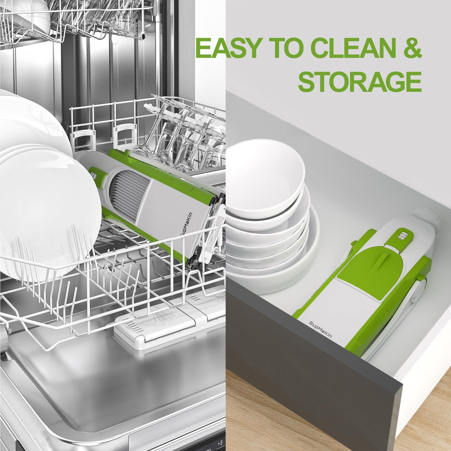 SupMaKin Safe Mandoline Slicer for Kitchen, Potato Slicer, Vegetables Slicer and Chopper, French Fry Cutter, Adjustable Thickness, Dishwasher Safe Chopping Artifact Gift (Green)