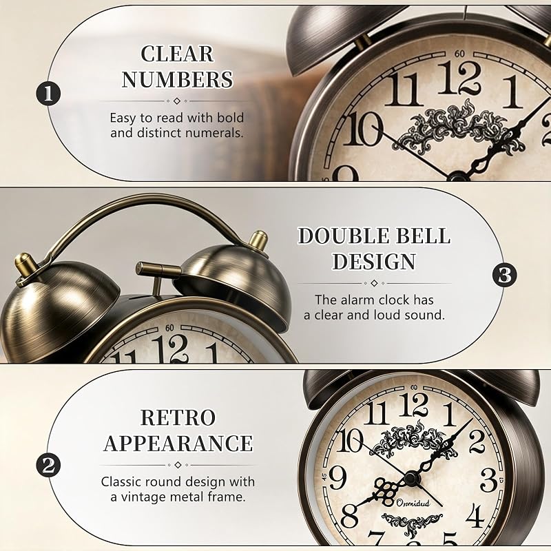 4.5-Inch Loud Analog Alarm Clock for Heavy Sleepers - Battery Operated, Bronze-C