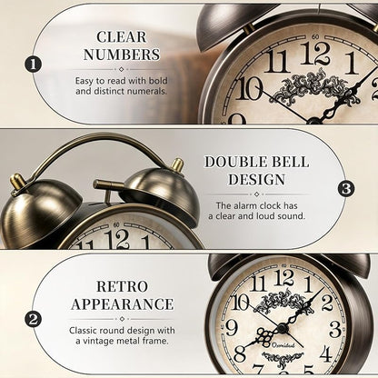 4.5-Inch Loud Analog Alarm Clock for Heavy Sleepers - Battery Operated, Bronze-C