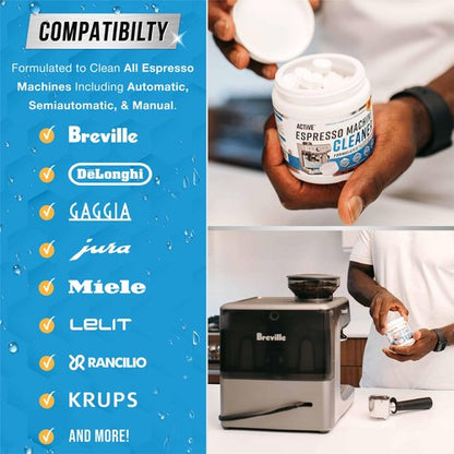 ACTIVE Espresso Machine Cleaning Tablets Descaling - 120 Tabs | Compatible with Breville Barista Express, Gaggia, Delonghi, Jura, Philips | Expresso Maker Backflush Oil Remover Solution Clean Tablet