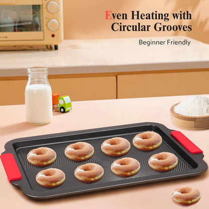 Skiennix Nonstick Baking Sheet - 16x11in Cookie Pan with Circle Grooves & Red Grips | PFAS/PTFE Free, Gray